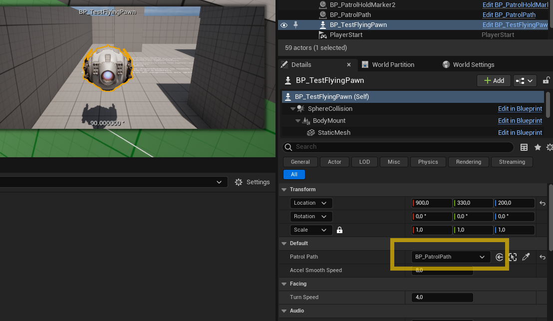 Assigning a BP_PatrolPath to the drone's PatrolPath property