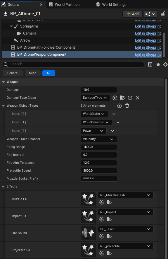 The BP_DroneWeaponComponent Details panel — Damage, WeaponObjectTypes, FiringRange and the Muzzle / Impact / Projectile FX slots